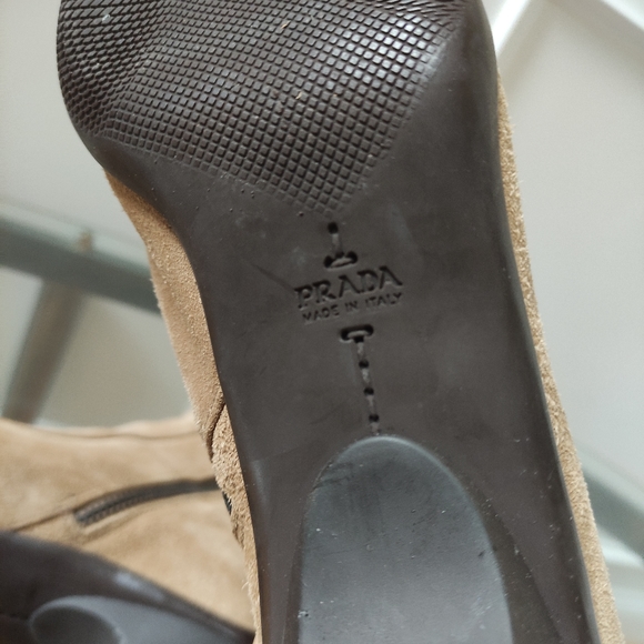 Prada square toe tall boots silver hardware logo women 37.5 tan suede - Picture 8 of 12